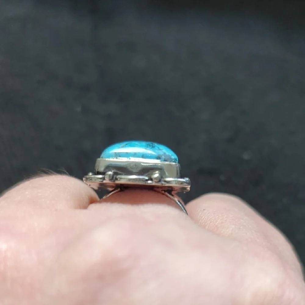 Silver Plated Blue Turquoise Gemstone Square Statement Ring - Size 8-10